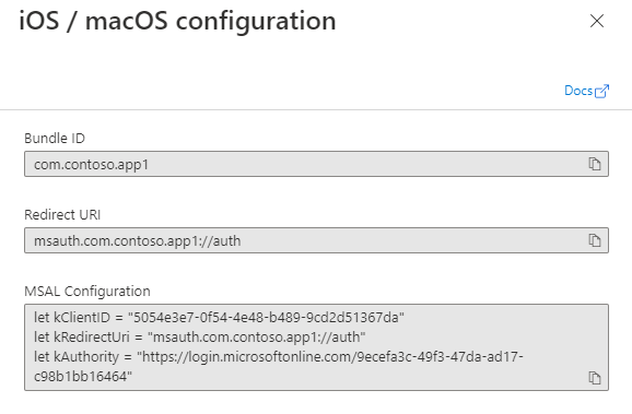 Überprüfen Sie den Konfigurationsbereich für die App-Registrierung.