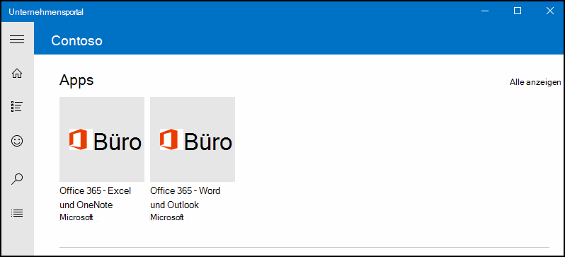 Die Unternehmensportal-App für Windows zeigt zwei Versionen von Office nebeneinander an.