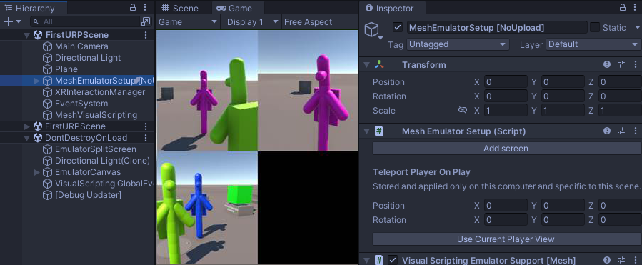 Screenshot eines Unity-Projekts, in dem der Mesh-Emulator ausgeführt wird.