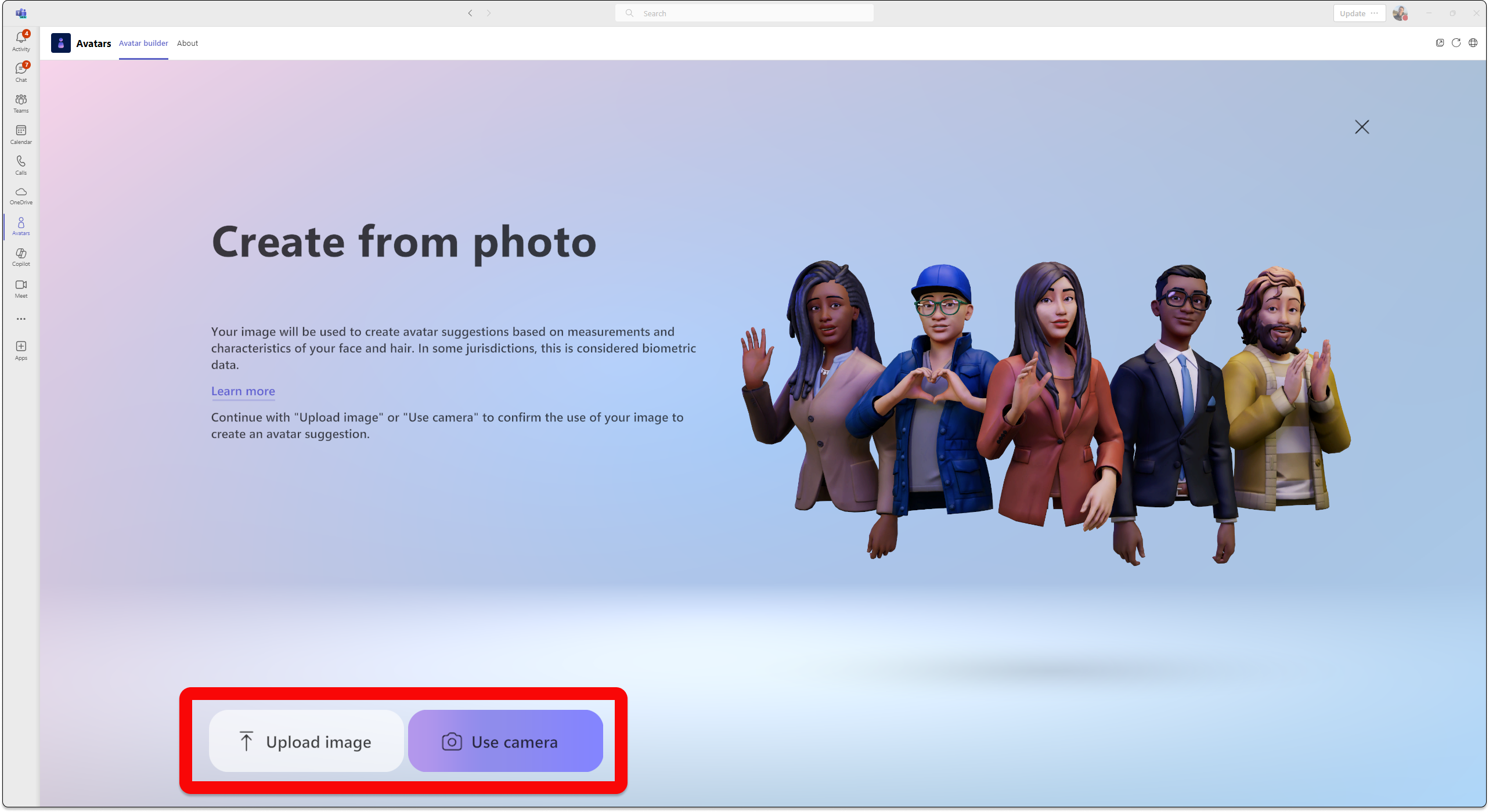 Screenshot der Avatar-App in Teams mit der Möglichkeit, einen Avatar aus einem Foto zu erstellen oder Ihre Kamera zu verwenden.