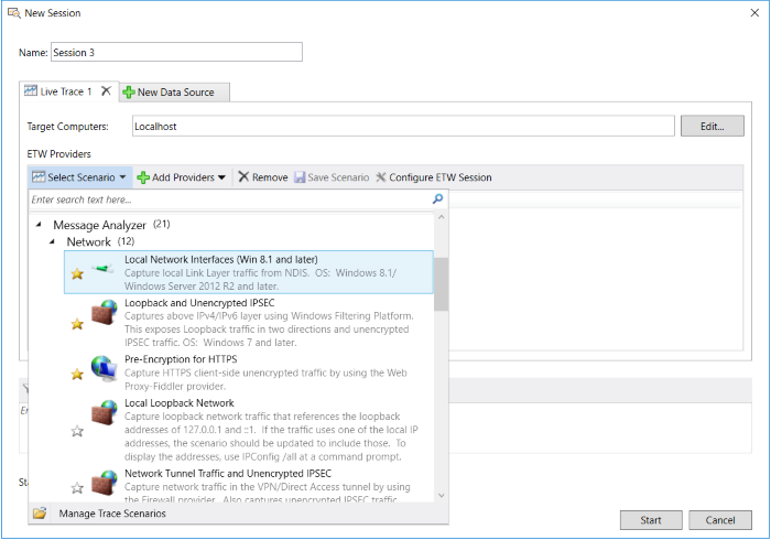 Message Analyzer Built-In Trace Scenarios for Live Trace Session Configuration