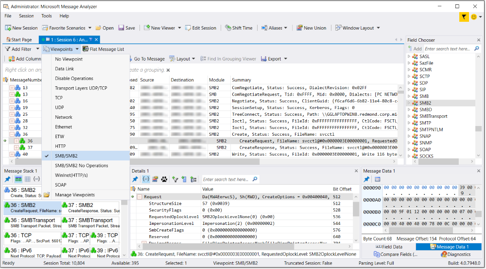 Message Analyzer SMB/SMB2 Viewpoint applied