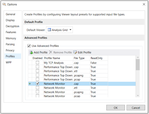 Message Analyzer Profiles tab of Options dialog