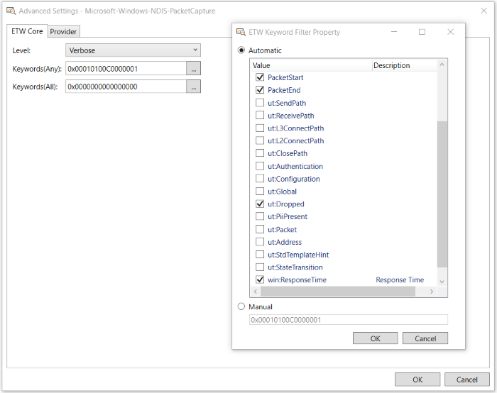 Advanced Settings Dialog-ETW Keyword and Level Settings