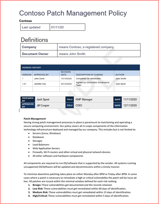 Screenshot einer Kopie aller Richtlinien und Prozeduren, die den Prozess für die Patchverwaltung detailliert beschreiben.