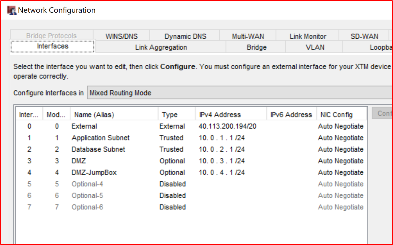 Screenshot einer WatchGuard-Firewall, die zwei DMZs veranschaulicht, von denen eine für die eingehenden Dienste (mit dem Namen DMZ) und die andere für die Jumpbox (Bastian Host) verwendet wird.