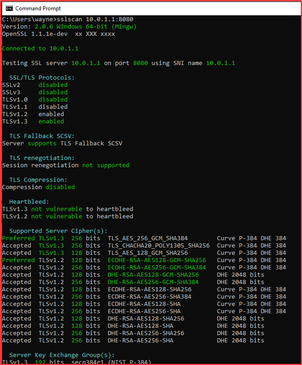 Screenshot: Ausgabe von SSLScan für die Web Admin-Schnittstelle der WatchGuard-Firewall an TCP-Port 8080
