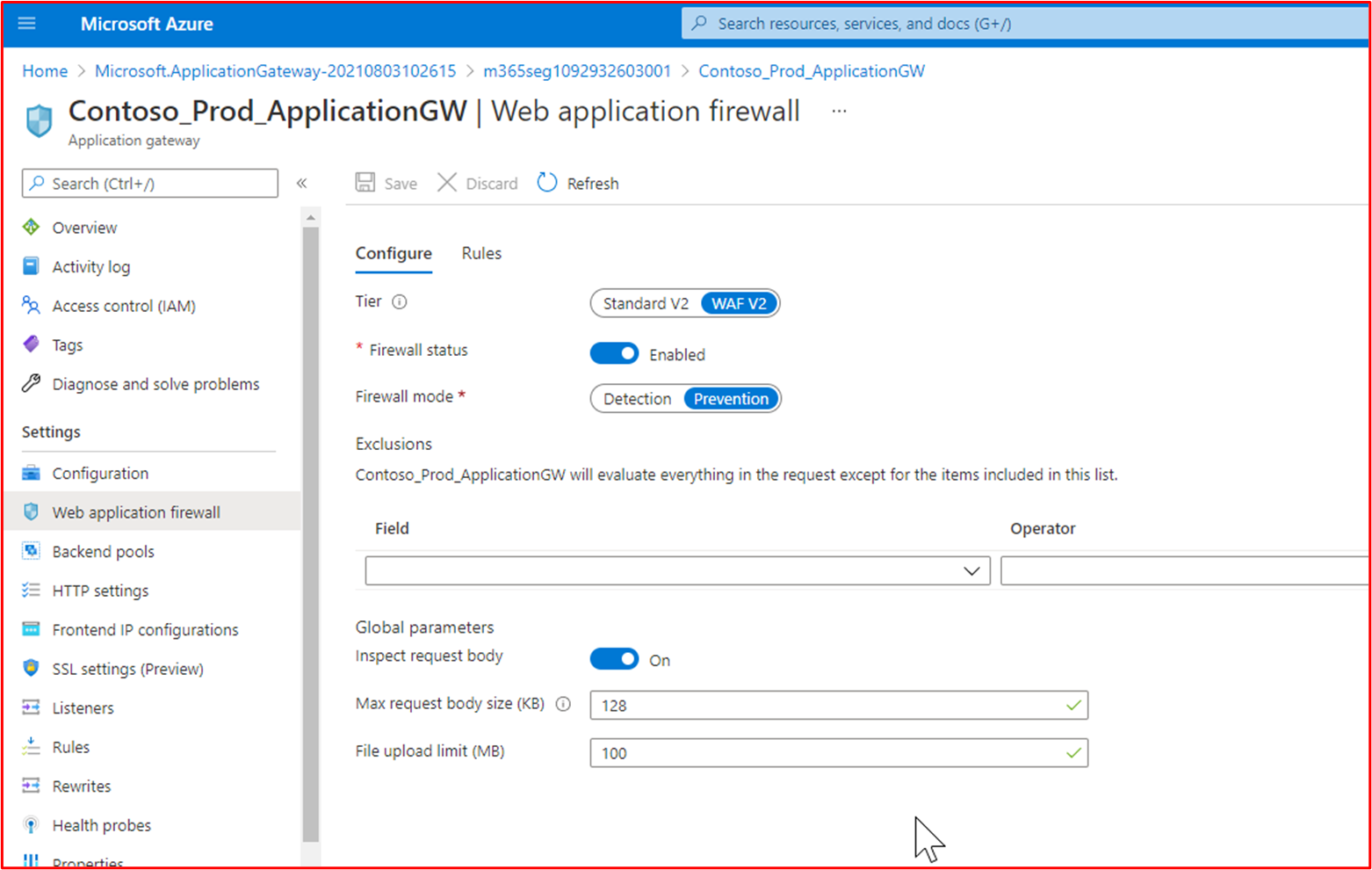 Screenshots: Contoso Production Azure Application Gateway WAF-Richtlinie aktiviert und für den Modus 