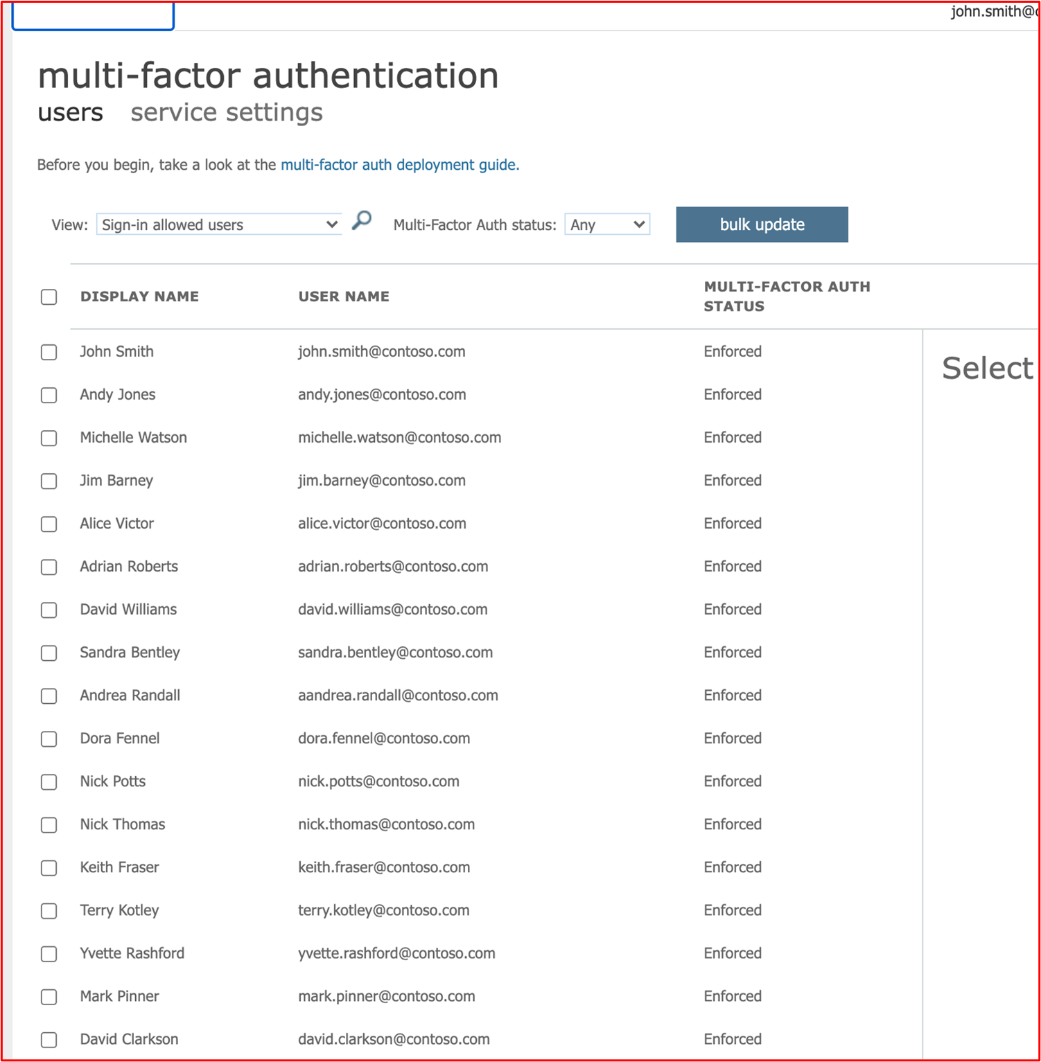 Screenshots zeigen, dass für alle Azure-Benutzer MFA aktiviert ist.