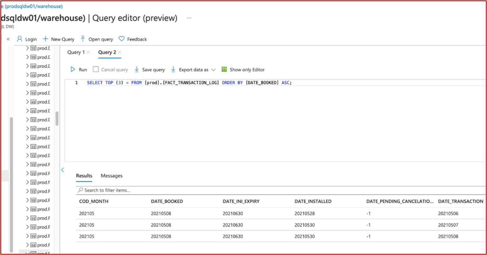 Screenshot: SQL-Abfrage mit dem Inhalt der Datenbanktabelle in aufsteigender Reihenfolge