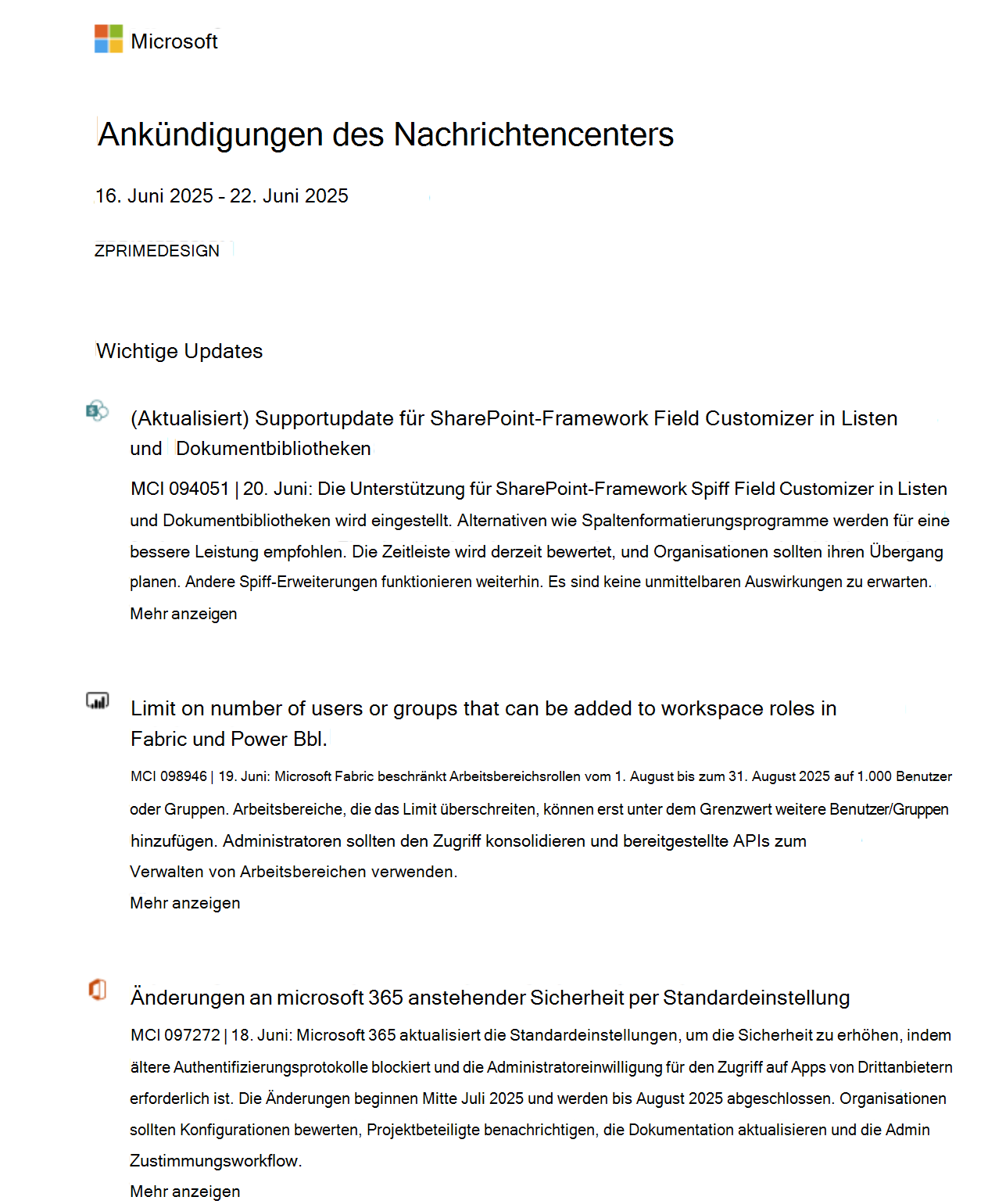 Screenshot einer Beispielankündigung im Nachrichtencenter.