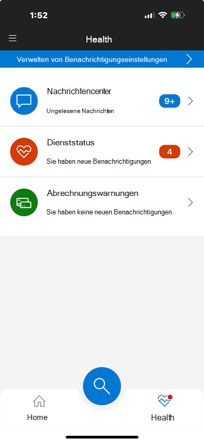 Screenshot der mobilen Microsoft 365-Administrator-App