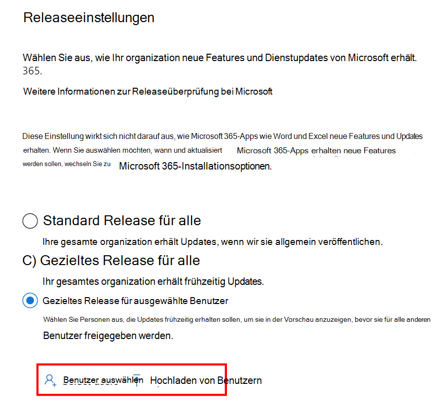 Screenshot der Optionen für Releaseeinstellungen.