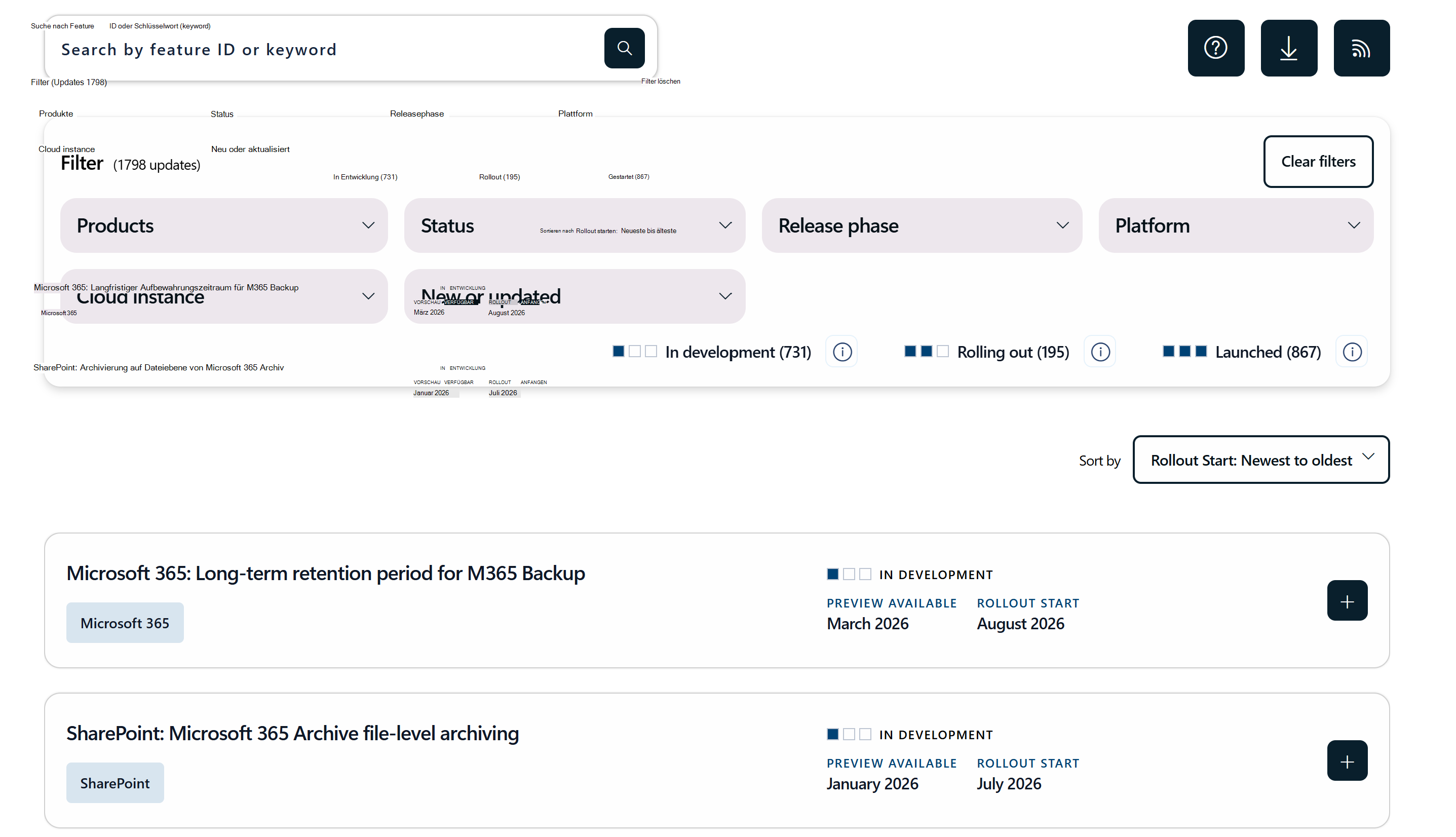 Screenshot der Microsoft 365-Roadmap mit Filtern.