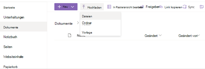 Ein Screenshot zeigt das Upload-Menü in SharePoint.
