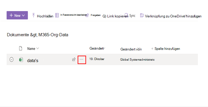 Ein Screenshot zeigt die Option mit den Auslassungspunkten neben einer Datei in einer SharePoint-Bibliothek. 