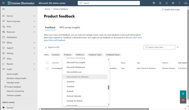 Microsoft 365 admin center Product feedback page showing options for selecting products such as the New Outlook for Windows.
