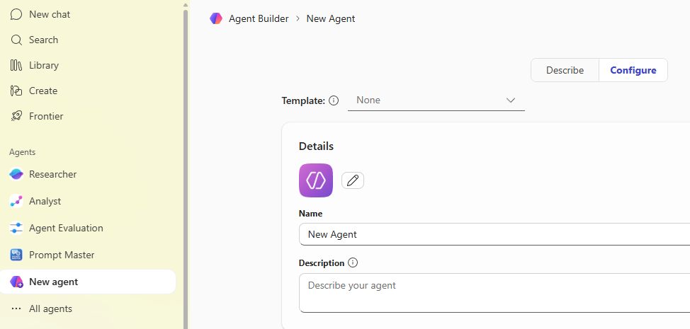 Agent Builder-Einstiegspunkt in Microsoft 365 Copilot
