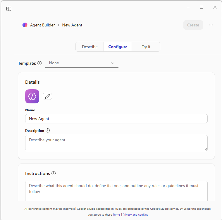 Startbildschirm des Agent-Generators