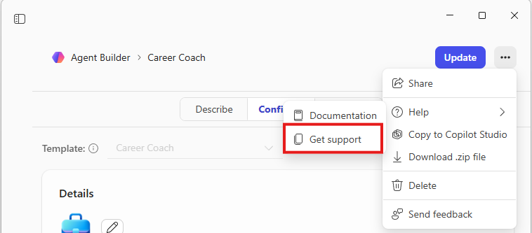Suchen der Supportdetails im Agent-Generator