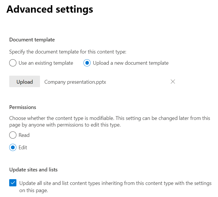 content type advanced settings