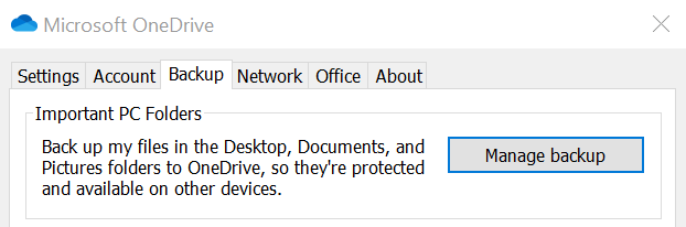 Screenshot of OneDrive PC Folder Backup Options.