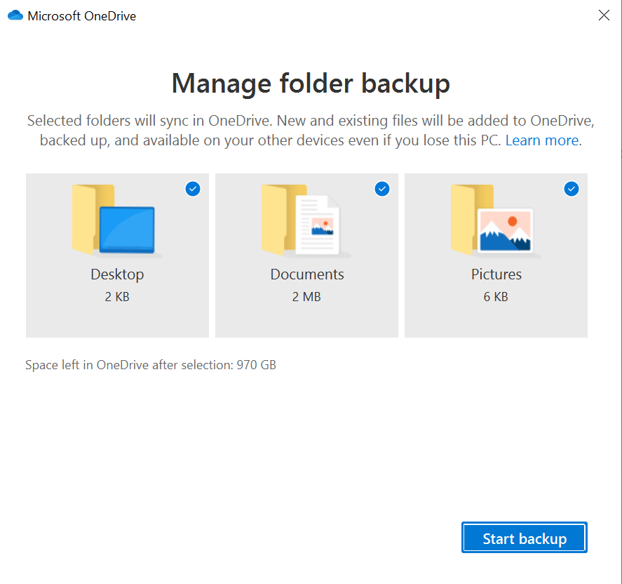 Screenshot of OneDrive PC Choose Folders.