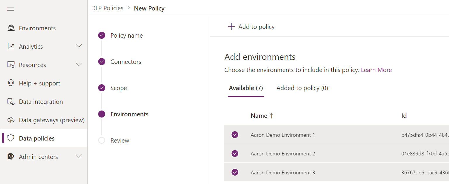 Image of the Environments page in a new policy creation.