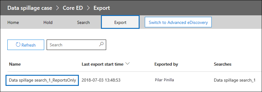 Wählen Sie auf der Seite Exportieren den Export und dann