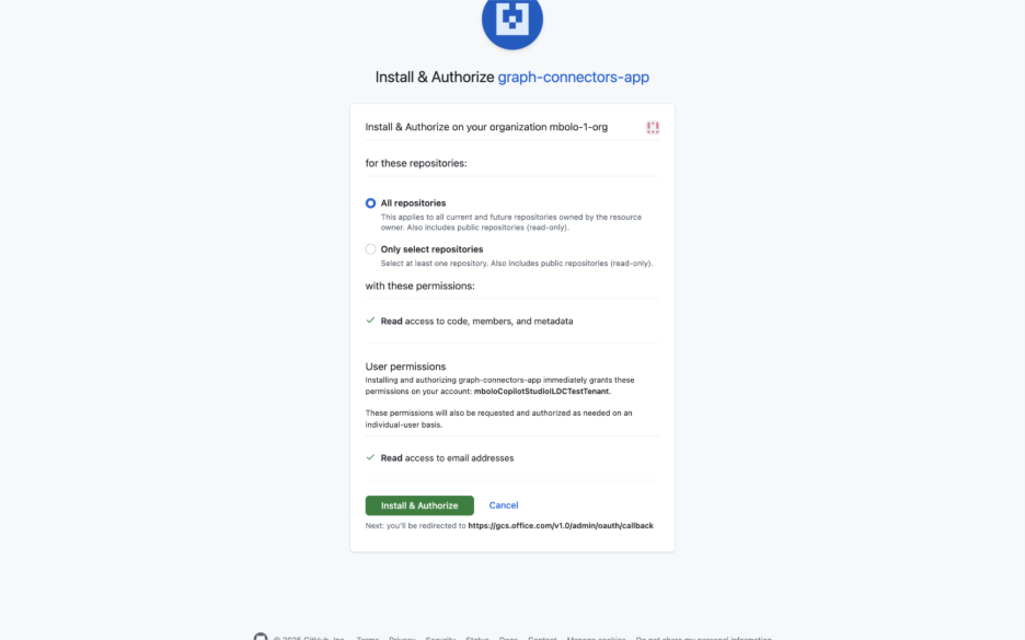 Screenshot of GitHub with Install & Authorize highlighted
