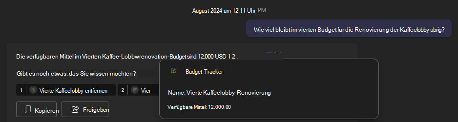 Screenshot einer Antwort für adaptive Karten von einem API-Plug-In