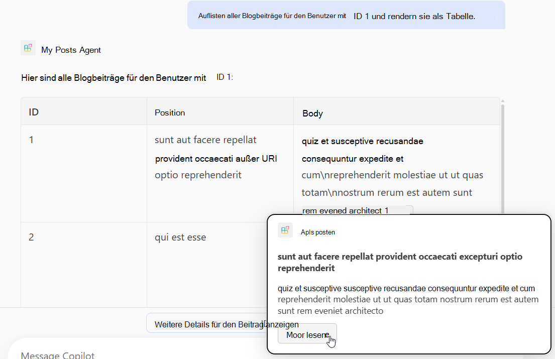 Screenshot einer Antwort eines deklarativen Agents basierend auf GET-Vorgängen mit adaptiven Karten