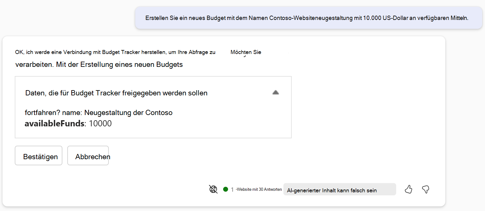 Copilot-Bestätigungsdialogfeld für einen POST-Vorgang.