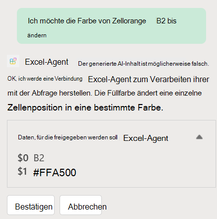 Screenshot des Excel-Agents mit der Meldung 