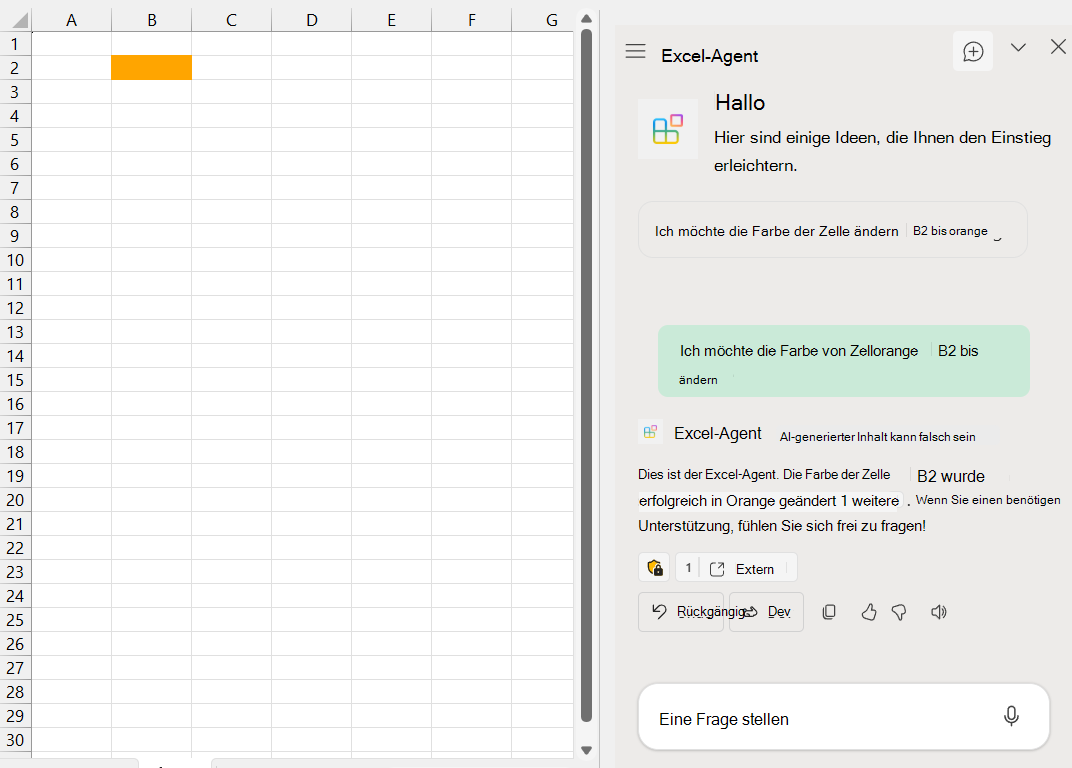 Screenshot einer Excel-Arbeitsmappe mit orangefarbener B2-Zelle Auf der rechten Seite sagt der Excel-Agent im Copilot-Bereich 