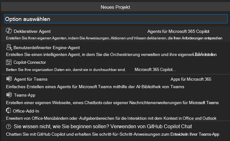 Screenshot der Optionen für neues Projekt mit dem deklarativen Agent oben.