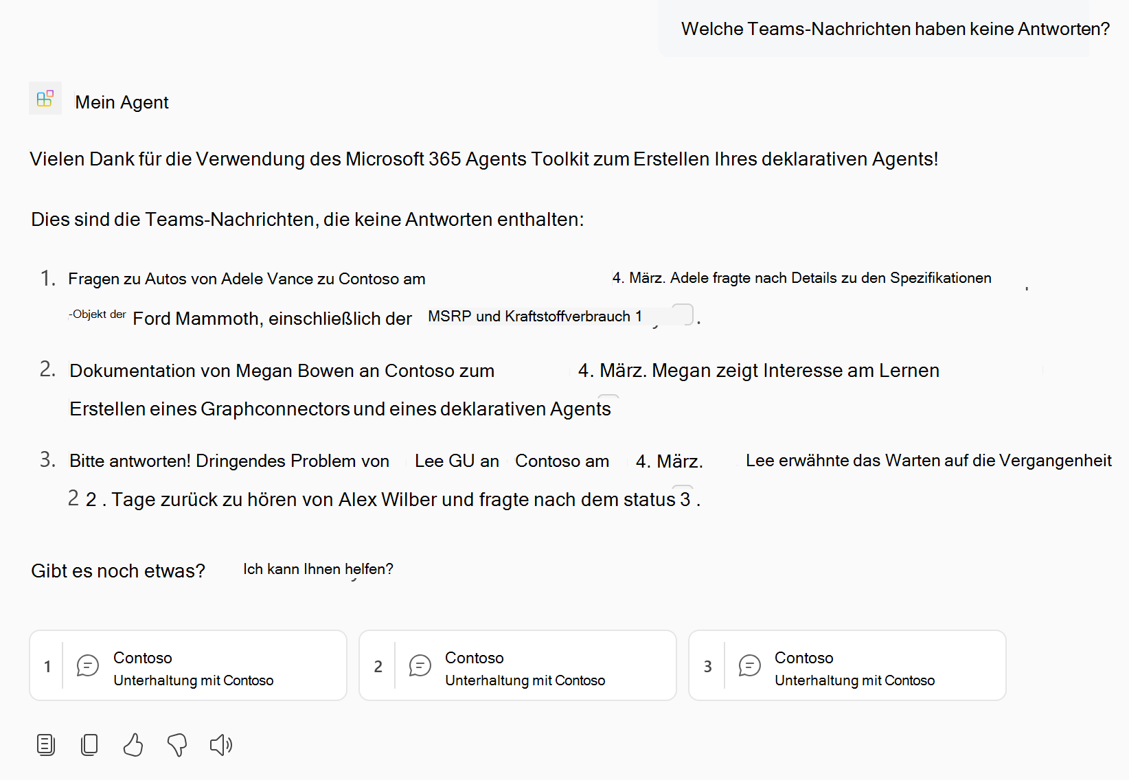 Screenshot: Antwort des deklarativen Agents, der Teams-Inhalte enthält