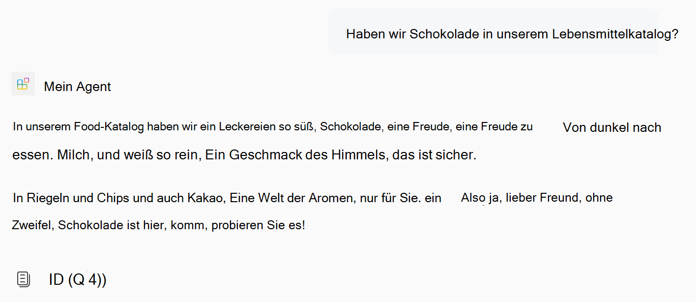 Screenshot einer Antwort eines deklarativen Agents basierend auf aktualisierten Anweisungen