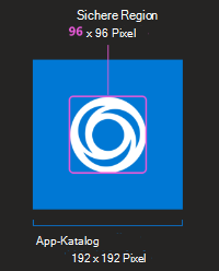 Beispielbild eines App-Farbsymbols mit einer Gesamtsymbolgröße von 192 x 192 Pixeln mit enthaltenem Hintergrund und einem zentralen Bereich von 120 x 120 Pixeln mit dem 