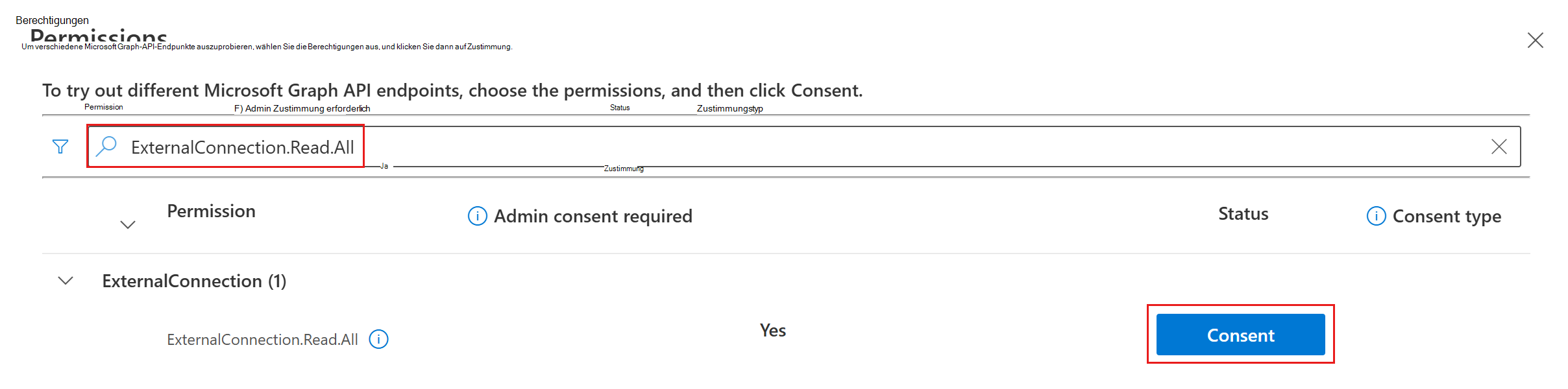 Screenshot des Zustimmungsdialogfelds für graph Explorer mit ExternalConnection.Read.All
