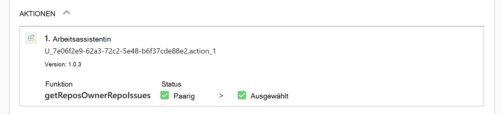 Screenshot: Microsoft 365 Copilot Sitzung, in der Copilot einen Karte mit Debuginformationen mit den konfigurierten Agentaktionen zurückgegeben hat