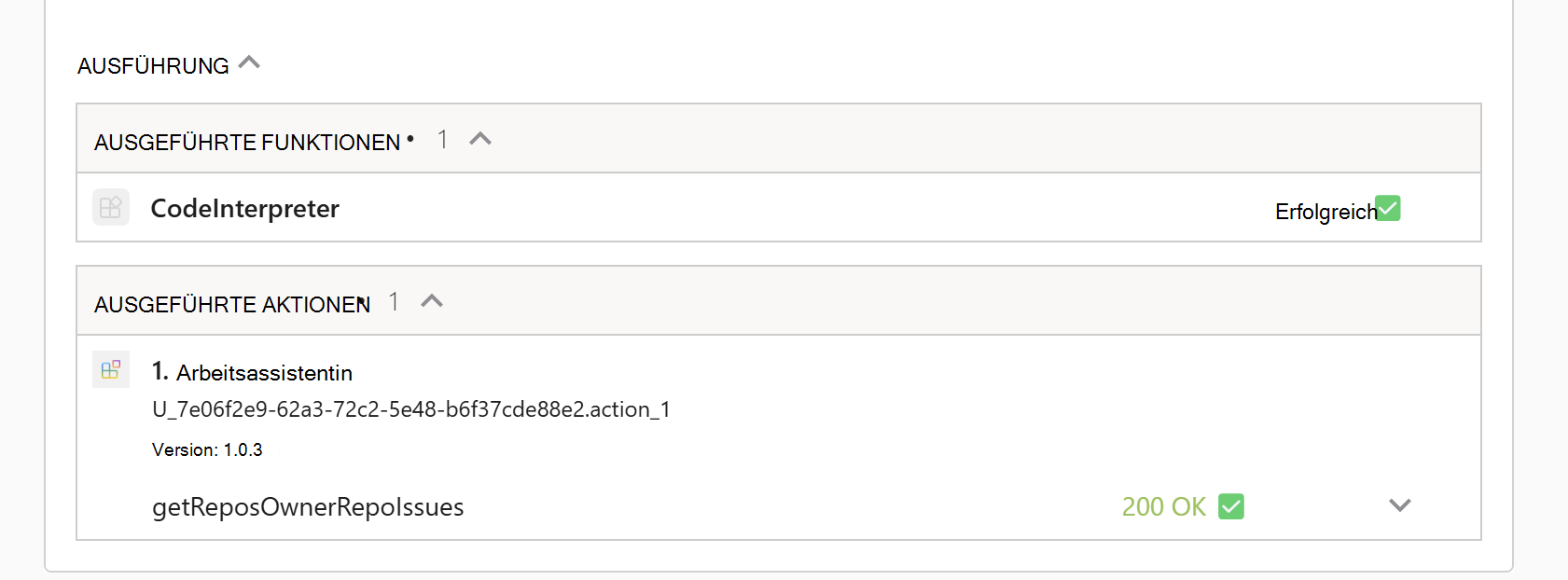 Screenshot: Microsoft 365 Copilot Sitzung, in der Copilot eine Karte mit Debuginformationen mit ausgeführten Funktionen zurückgegeben hat