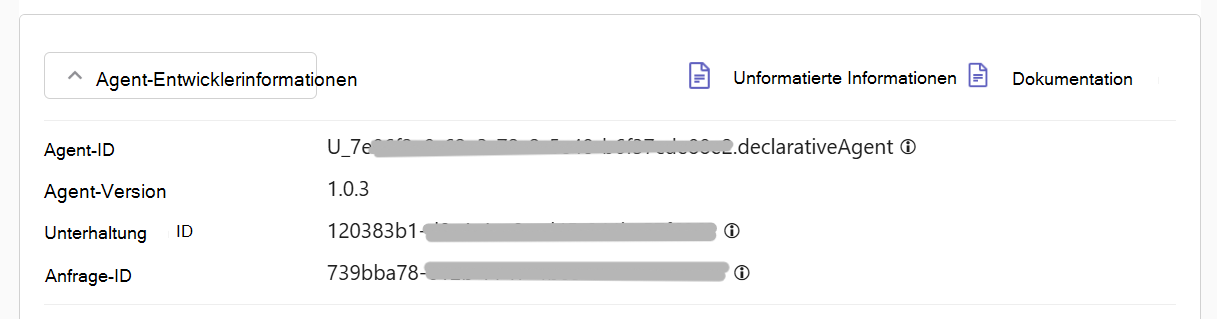 Screenshot: Microsoft 365 Copilot Sitzung, in der Copilot eine Karte mit Debuginformationen mit den Agent-Metadaten zurückgegeben hat