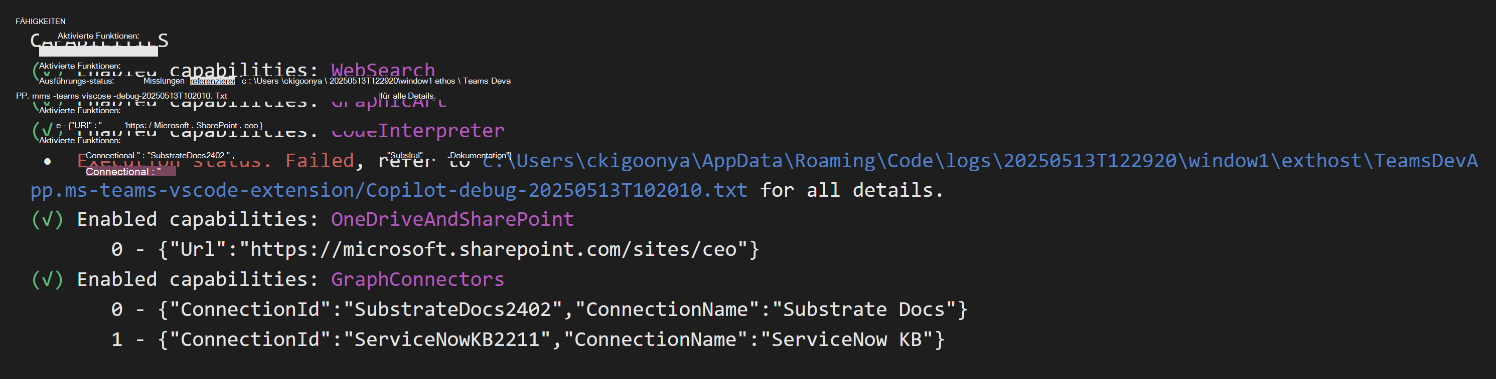 Screenshot der Agent Toolkit-Sitzung, in der Copilot eine Karte mit Debuginformationen mit den konfigurierten Agent-Funktionen zurückgegeben hat