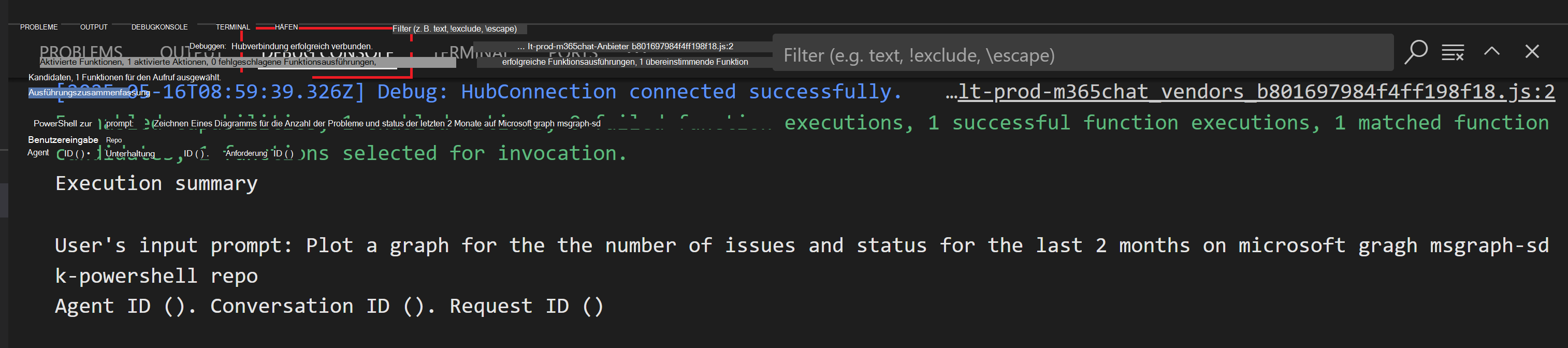 Screenshot der Agents Toolkit-Sitzung, in der Copilot einen Karte mit Debuginformationen mit den Agent-Metadaten zurückgegeben hat
