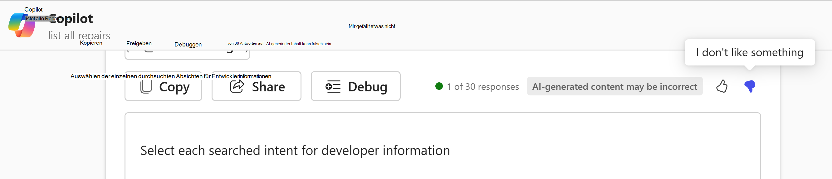 Screenshot der Feedbackoptionen für Copilot Chat Daumen nach oben oder Unten