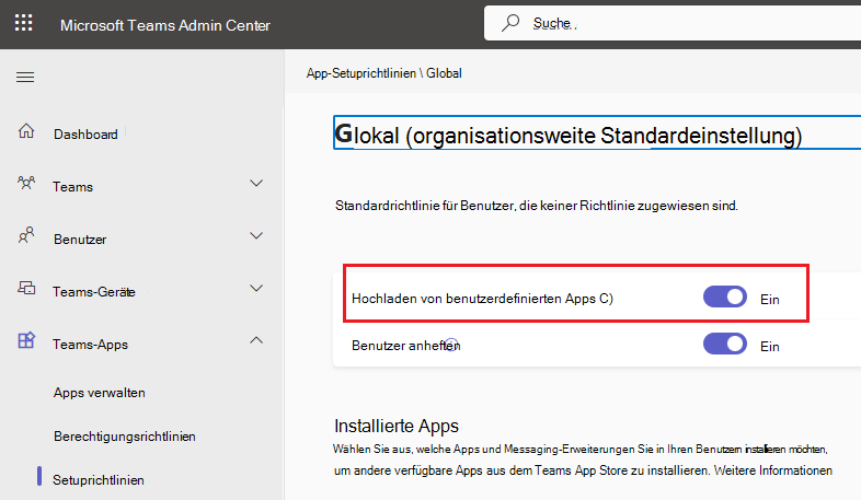 Screenshot der organisationsweiten Setuprichtlinie mit aktivierter Umschaltfläche 