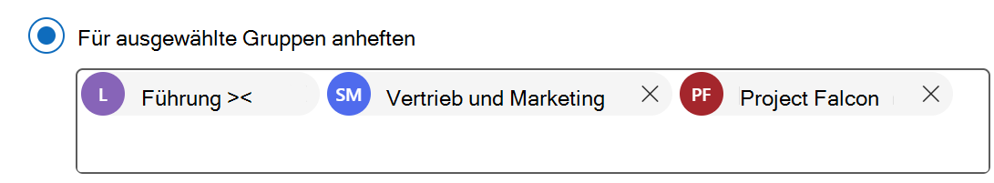 Screenshot, der die für bestimmte Gruppen angeheftete Microsoft Copilot-App zeigt.