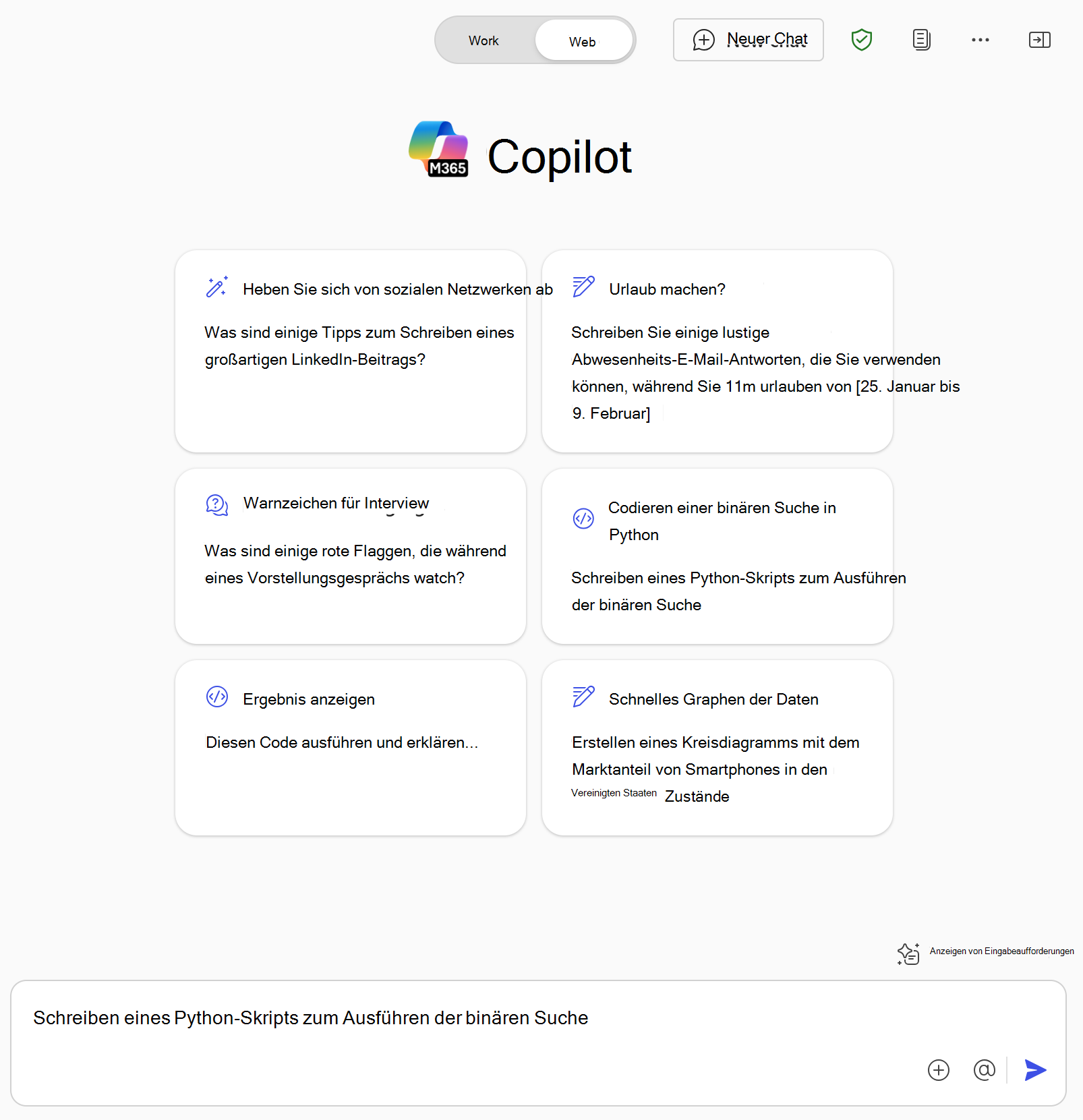 Screenshot: Microsoft 365 Copilot und Beispieleingabeaufforderungen zum Abrufen von Informationen aus dem Internet mit webbasiertem Chat