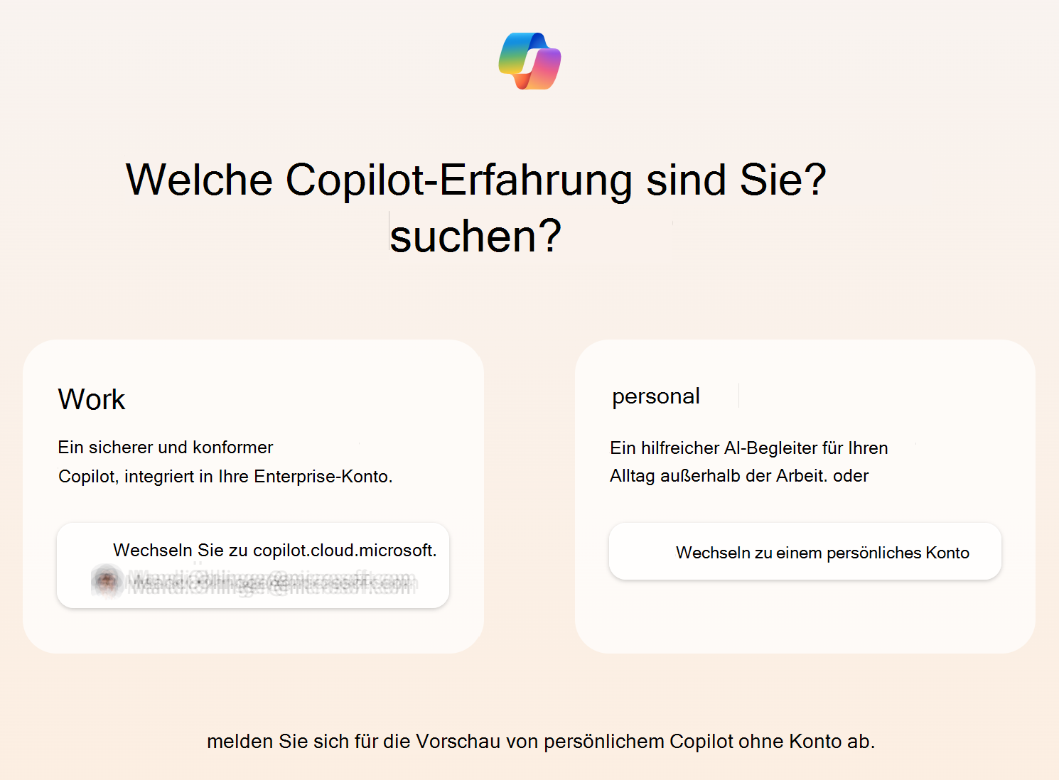 Screenshot, der zeigt, wie Microsoft Copilot Microsoft Entra-Benutzer auffordert, „Arbeit“ oder „Privat“ auszuwählen.